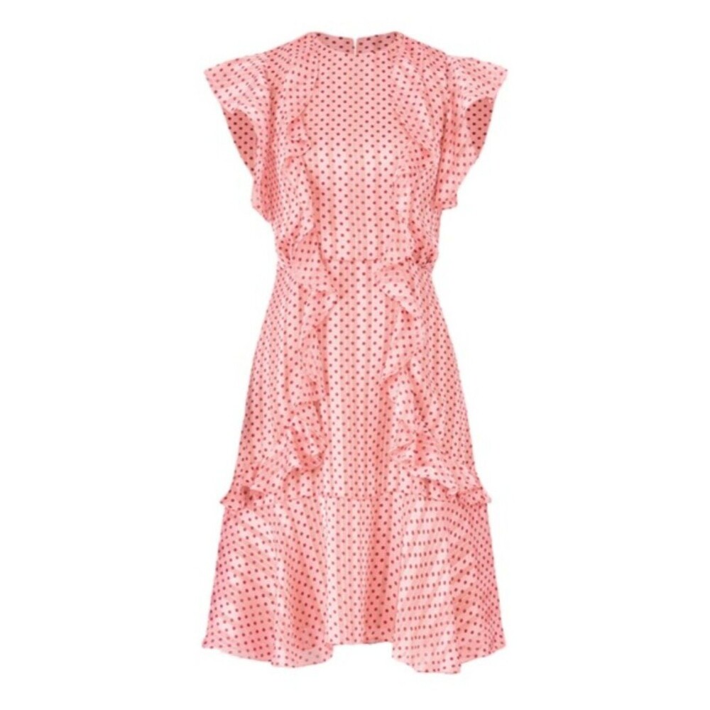 Monique Lhullier Chiffon Mini Dress Pink w/ Red Polka Dots Retro Dainty Ruffles - Picture 4 of 11